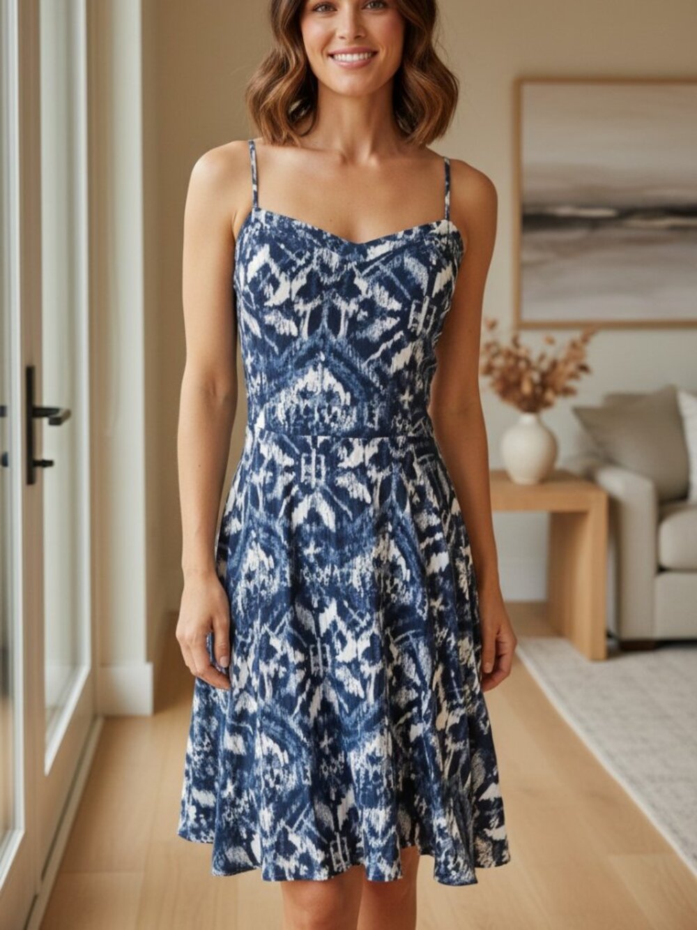 Aeropostale Spaghetti Strap Blue & White Printed Skater Dress S